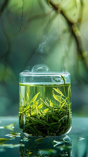 Photo vibrant green tea leaves suspended in a crystalline glass vessel with refined japanese aesthetics