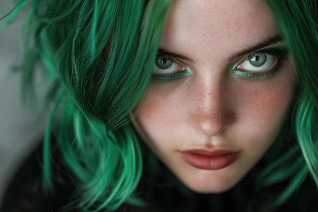 Vibrant greenhaired woman with piercing gaze