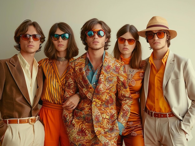 Photo vibrant group of friends dressed in retro 70s fashion posing together indoors