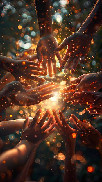 Vibrant Group of People with Glowing Hands and Joyful Expressions in Fantasy Setting Productive an