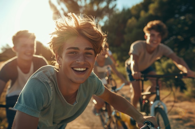 Photo vibrant group of young people enjoying outdoor cycling together