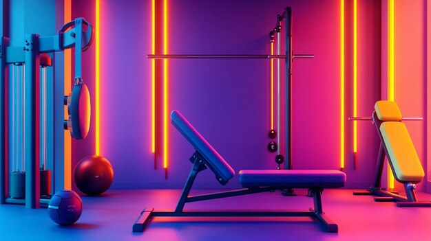 Photo vibrant gym equipment setup with bench and exercise balls