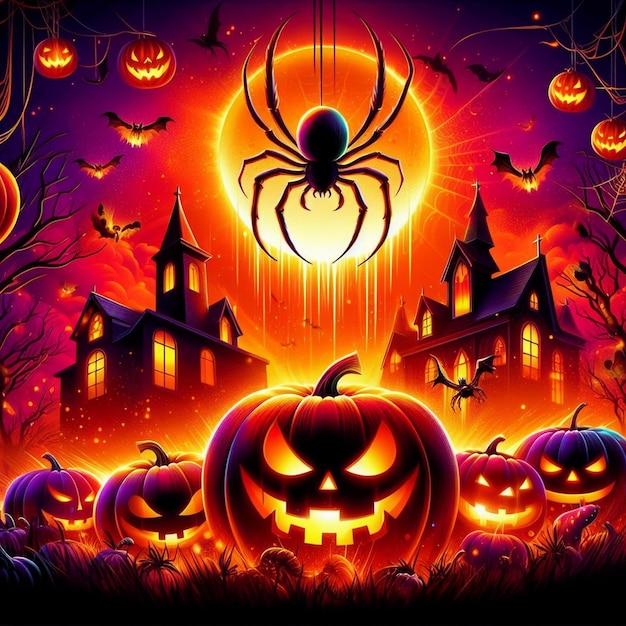 Vibrant Halloween background image with glowing jack o lanterns