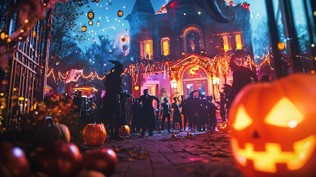 Photo vibrant halloween festival scene featuring vampires in lively costumes with festive decora