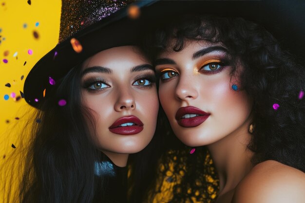 Photo vibrant halloween portrait of two beautiful women in witch attire