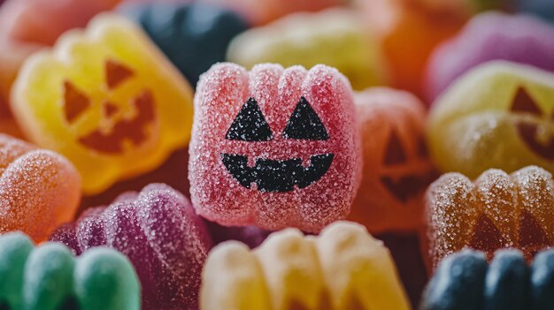 Photo vibrant halloween pumpkin candy corn gummies creating a textured backdrop