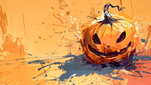 Photo a vibrant halloween pumpkin stands against an orange backdrop adorned with playful splashes of ink and a grunge finish perfect for seasonal decorations