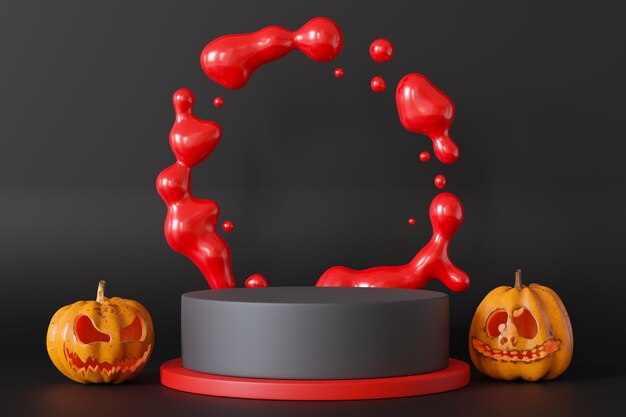 Photo vibrant halloweenthemed product display podium featuring dynamic red liquid splash and carved pumpkins perfect for seasonal promotions halloween products and creative advertising campaigns 3d