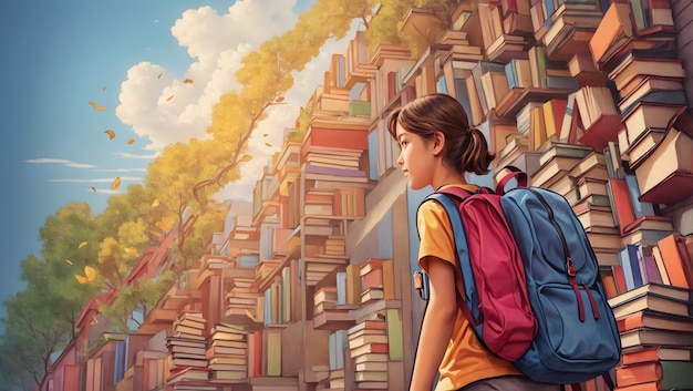 A vibrant handdrawn illustration of a student walking to school with a backpack full of books