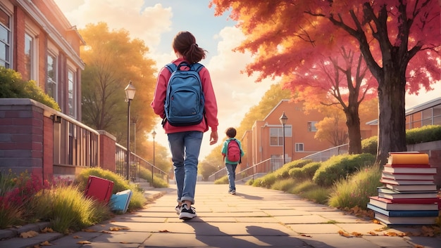 A vibrant handdrawn illustration of a student walking to school with a backpack full of books