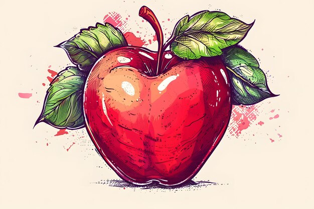 Photo vibrant handdrawn red apple with lush green leaves