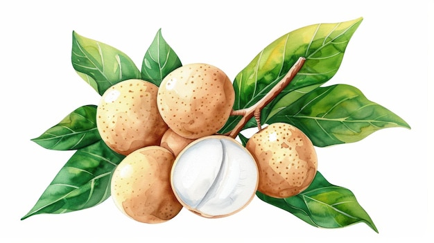 A vibrant handdrawn watercolor illustration of longan fruit that captures its natural charm