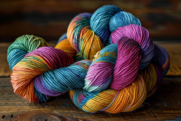 Vibrant handdyed yarn skeins on wooden surface