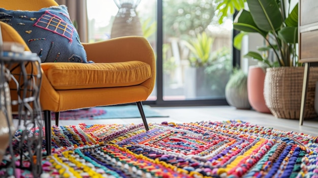 A vibrant handwoven rug made from recycled plastic bottles anchors a cozy reading nook in a home