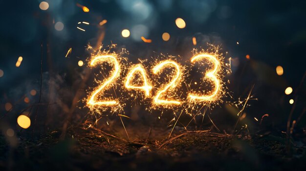 Photo vibrant happy new year 2023 text made of firework on dark background