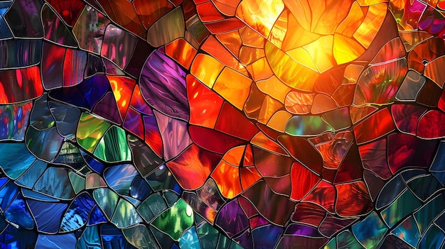 Vibrant Harmony of Mosaic and Radiant Sunburst with Colorful Stained Glass Patterns Background