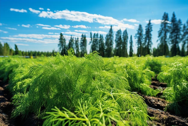 Vibrant harvest of fresh dill from a modern green plantation on a bright sunny day