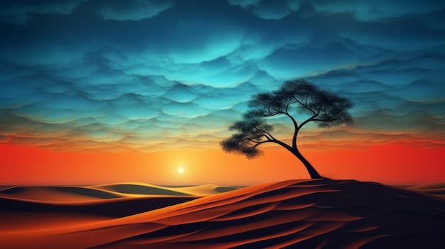 Vibrant HD PhotoRealistic Dune Landscape with Silhouetted Tree