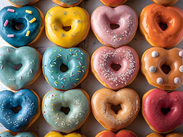 Photo vibrant heart shaped donuts in a colorful kaleidoscopic display