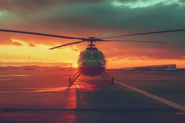 A vibrant helicopter stands tall against a stunning sunset backdrop The sky glows with orange and pink hues Perfect for aviation enthusiasts and projects Generative AI