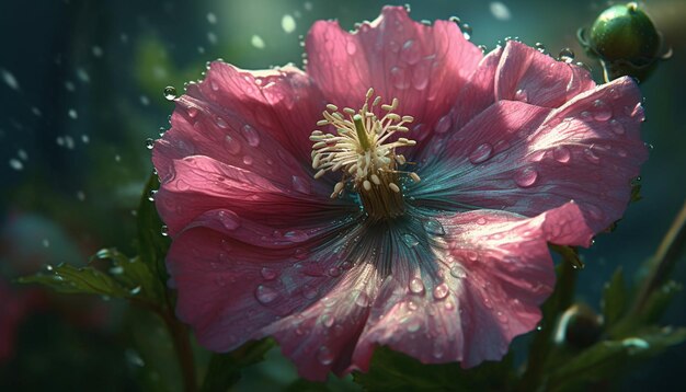 Vibrant hibiscus blossom in formal garden wet with raindrop generated by artificial intelligence