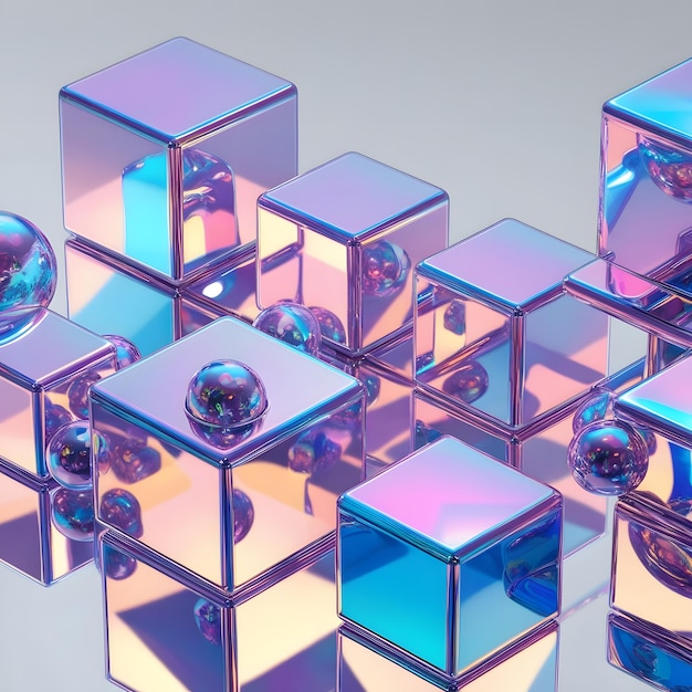 Vibrant Holographic Cubes and Spheres in a Modern 3D Design