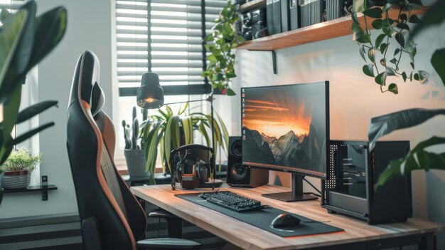 Photo a vibrant home office setup with a curved monitor ergonomic chair and numerous houseplants all bathed in natural light from a sunlit window