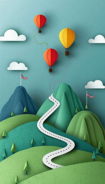 Vibrant Hot Air Balloons Floating Over Verdant Hills and Mountains with Whimsical Clouds and a