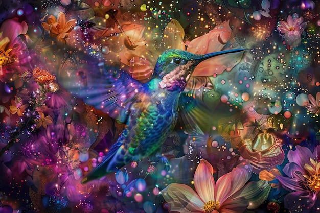 Vibrant hummingbird in a dreamy colorful background with flowers and abstract sparkles capturing a magical ethereal moment in nature