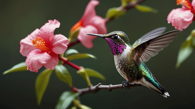 Photo vibrant hummingbird in flight near pink flowers