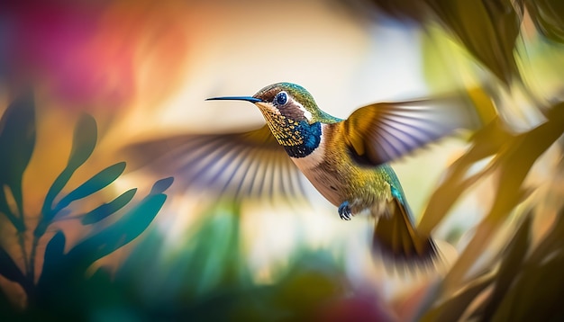 Vibrant hummingbird perches on green branch flying generated by AI