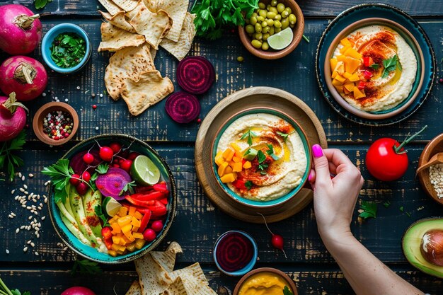 Photo vibrant hummus bowls with pita chips in flat lay