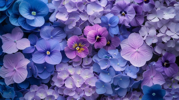 Photo vibrant hydrangeas and pansies in various shades of purple and blue