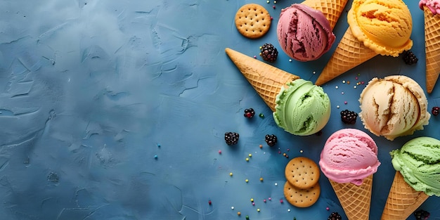 Vibrant ice cream cones with cookies on blue backdrop Concept Ice Cream Desserts Food Photography Vibrant Colors Blue Backdrop