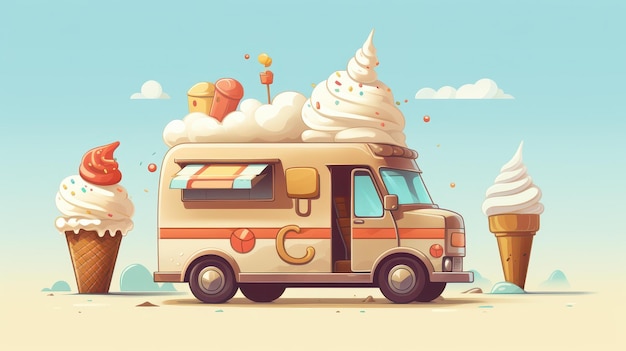 Vibrant ice cream truck with speech bubble advertising new flavors