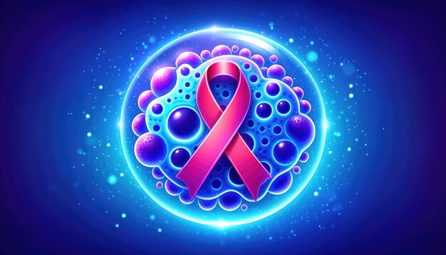 Vibrant icon with red ribbon around a cell for cancer awareness and support on blue background