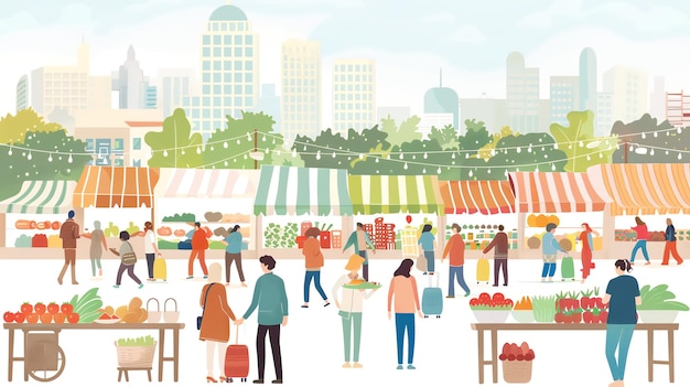 Photo a vibrant illustration of a bustling farmers market in a city setting with colorful stalls and diverse shoppers