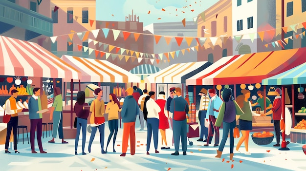 A vibrant illustration of a bustling outdoor market with colorful stalls and people shopping