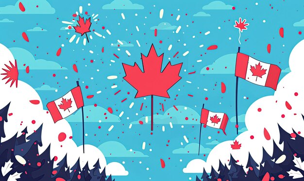 Photo a vibrant illustration celebrating canada with maple leaves and flags amidst a snowy scene