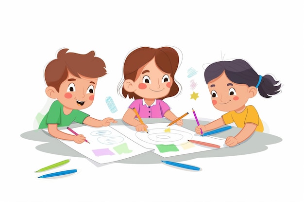 Vibrant illustration of cheerful Indian children engaged in drawing and coloring together