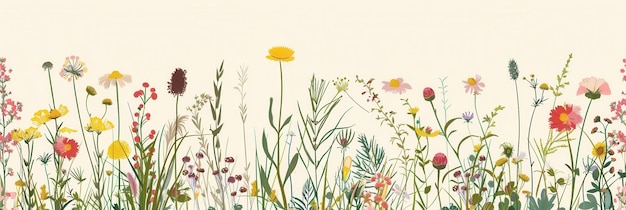 Photo a vibrant illustration of colorful wildflowers and grasses growing in a lush meadow perfect for adding a touch of nature to any design generative ai