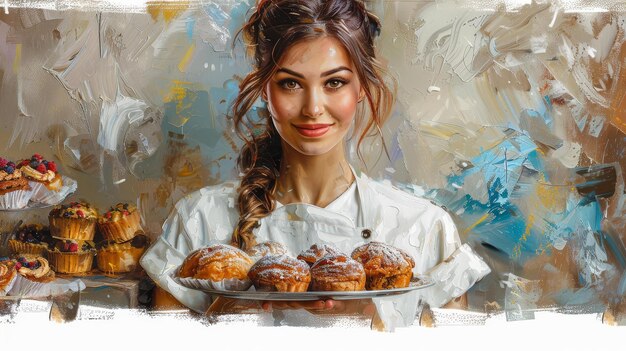 Vibrant illustration of a confident woman with a tray of aromatic pastries engaging