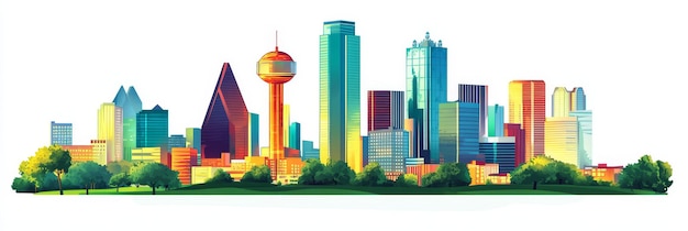 Photo vibrant illustration of the dallas skyline featuring iconic buildings like reunion tower the b