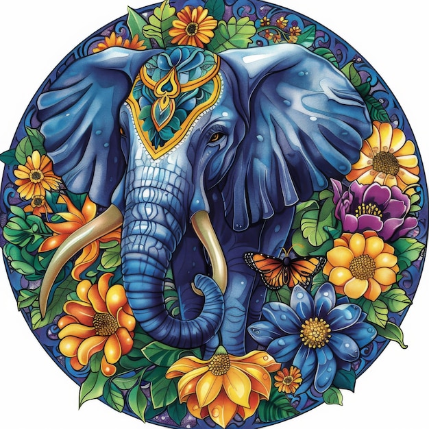 Vibrant illustration of a decorated elephant with a mandala design featuring flowers and butterflies