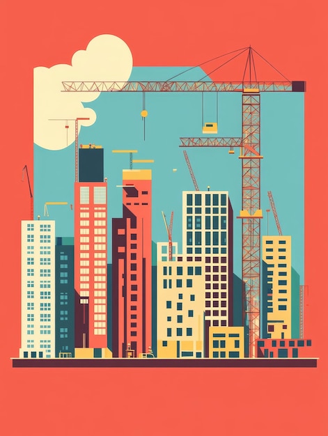 Photo a vibrant illustration depicting a bustling cityscape under construction towering cranes reach