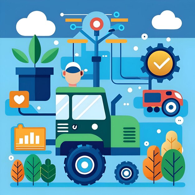 Photo a vibrant illustration depicting a tractor with a farmer driving showcasing smart agriculture technologies