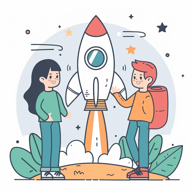 A vibrant illustration depicting two individuals standing beside rocket symbolizing startup development and innovation scene is filled with excitement and creativity