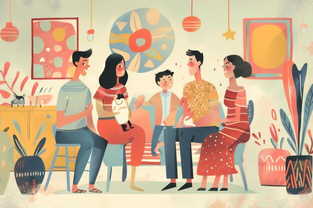 Photo a vibrant illustration depicts a group of friends enjoying a lively conversation in a cozy living room a vibrant illustration of the importance of open communication in family planning