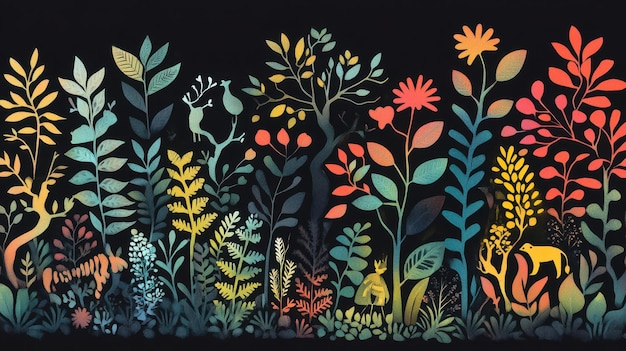 Photo a vibrant illustration of diverse plants and animals in a whimsical forest setting