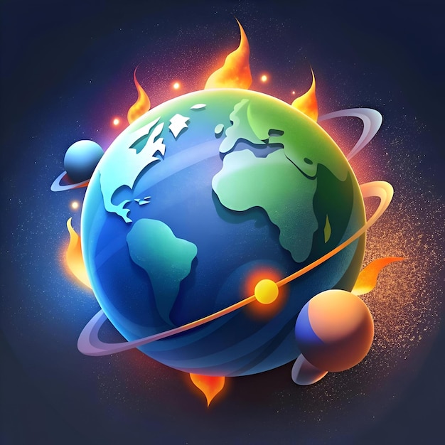 A vibrant illustration of Earth engulfed in flames surrounded by a fiery ring symbolizing climate change and global warming